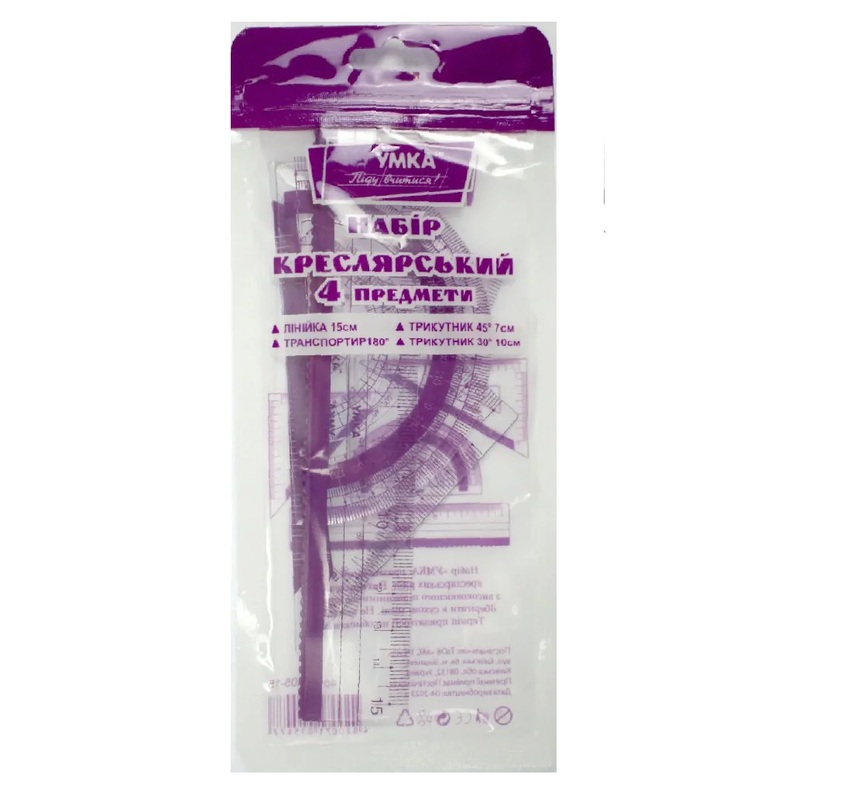 Набір лінійок: лінійка 15см. + 2 трикутника + транспортир (бузковий), ЛН05-15, Умка